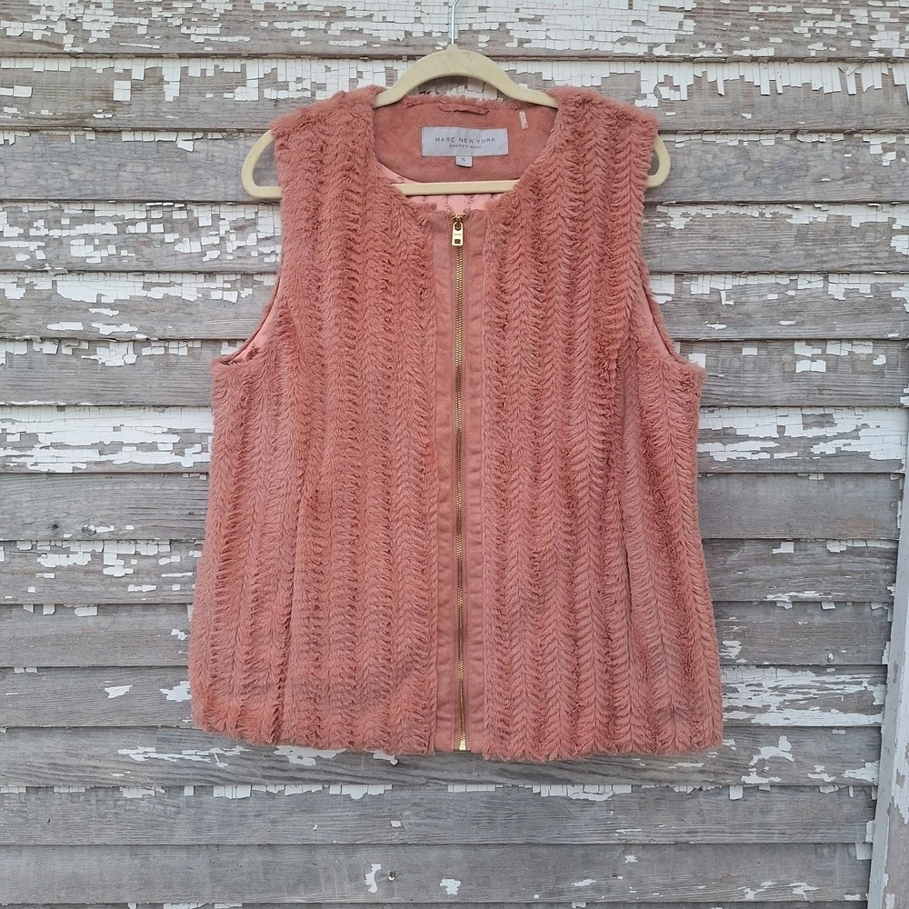 Marc New York Coral Faux Fur Vest with Gold Zipper
